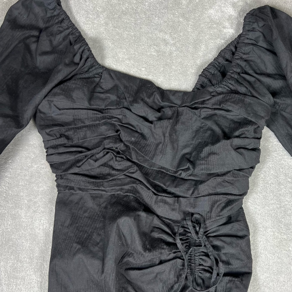 Free People Dress Womens XS Looking Stunning Black Puff Sleeve Slit Ruched Midi - Picture 5 of 10